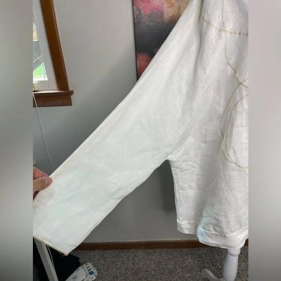 Cynthia Ashby White Linen Cream Abstract Art Stitch Oversized Tunic XL Retail219 - Picture 3 of 12